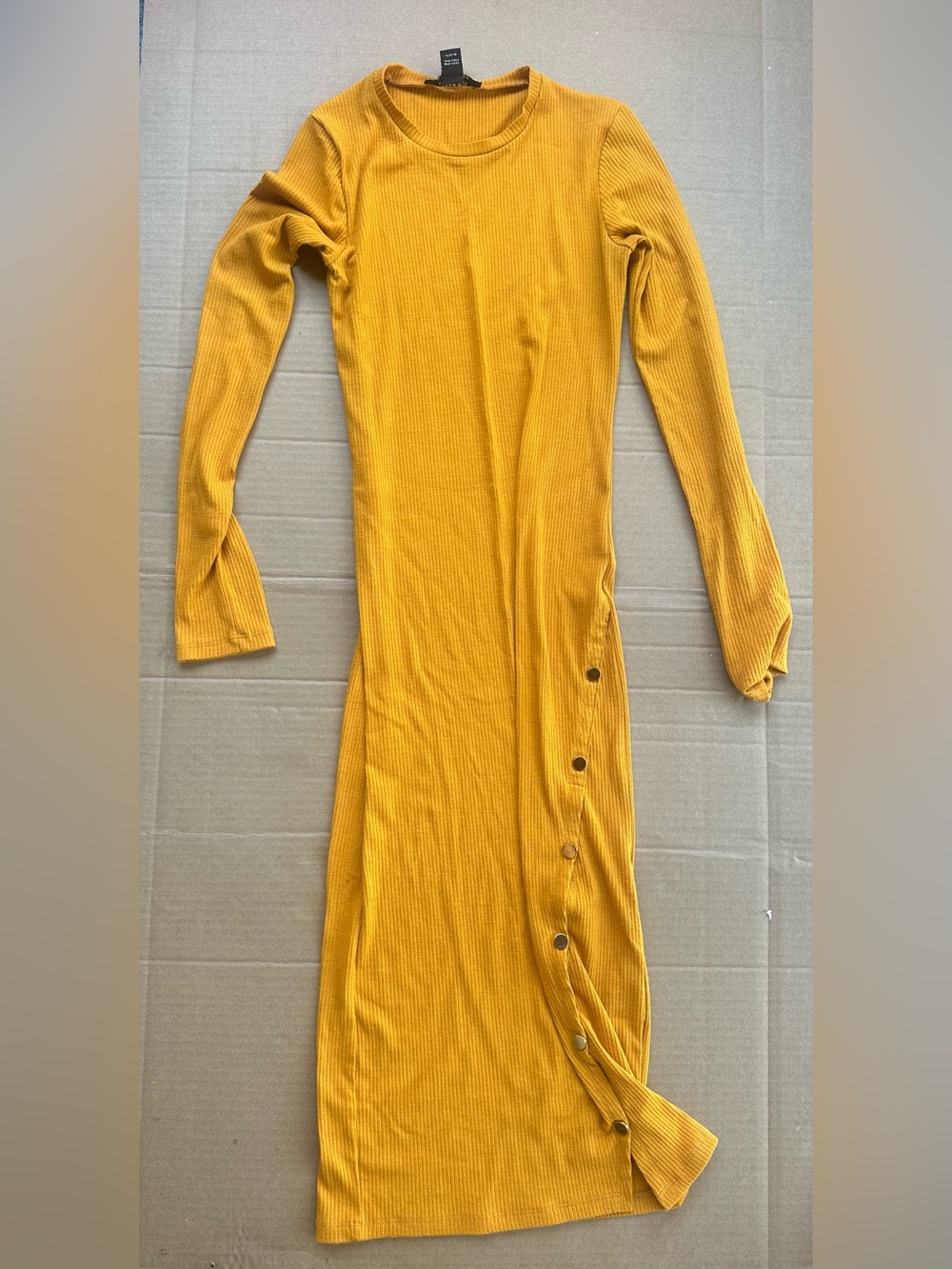 Revamped Mustard Ribbed Long-Sleeve Midi Dress with Side Buttons